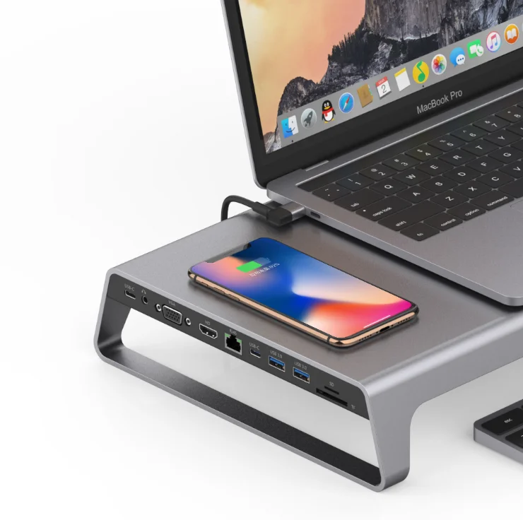 
HKK - Type C notebook stand with wireless charger + H D M I+ VGA +Lan +USB 3.0*2+Type C*2+SD+micro SD 