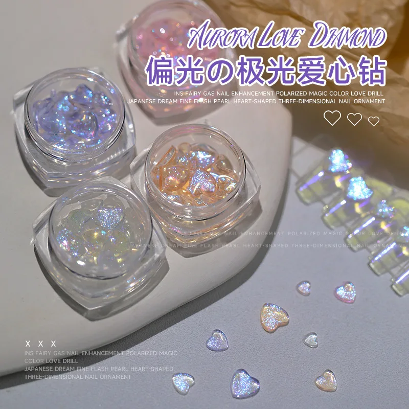 Ultra-Shiny Aurora Heart Nail Art Accessories Iridescent Holographic Heart-Shaped Rhinestones Nail Decor Charms