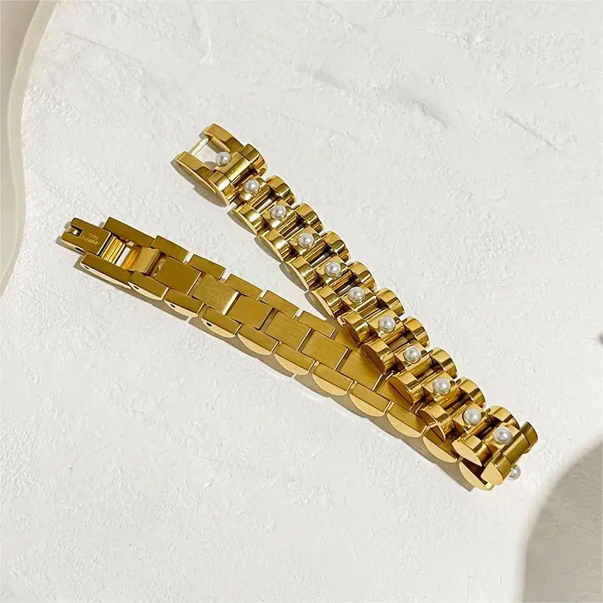 Women Fashion Jewelry Waterproof Chunky Watch Band Rolly Bracelet 18K Gold Plated Stainless Steel Watch Link Bracelet With Pearl
