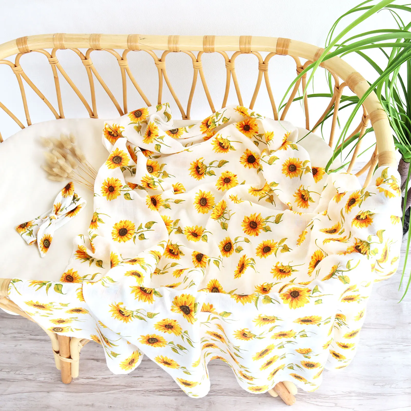 Sunflower Prints 2 Layers Super Soft Organic Cotton Receiving Wrap Bamboo Newborn Baby Muslin Swaddle 4pcs Set Blanket