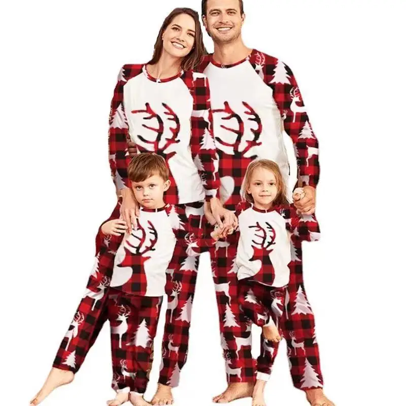 Christmas Family Clothing Sets Parent-child Outfit Elk Tree Plaid Print Mom Dad And Baby Pajamas Long Sleeve Girls Home Wear