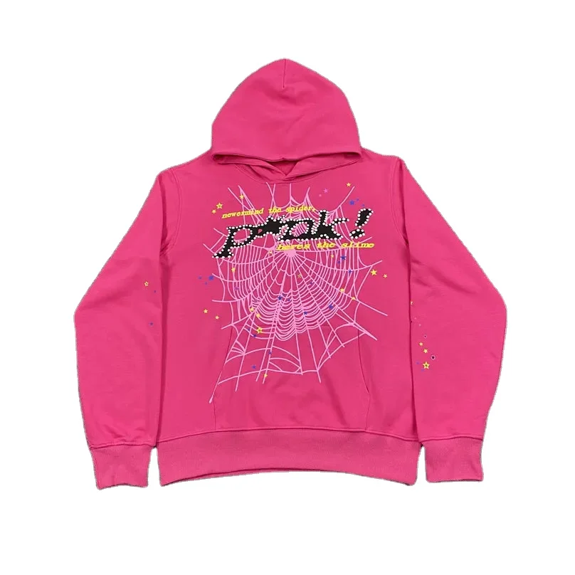 Custom young thug pink spider hoodie men high quality foam print spider web graphic sweatshirts pullover hoodies