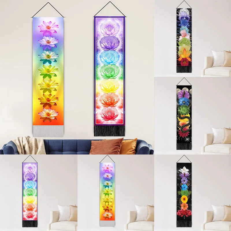 51.2X12.8 Inches Indian Hippie Buddha Wall Decor Seven Lotus Long Tapestry Vertical Wall Hanging with Tassel