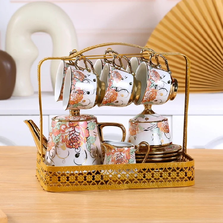 Europeanstyle tea cup set luxury Ceramic Coffee cups Tea pots Set 17Piece Gold Plated Wedding Gift