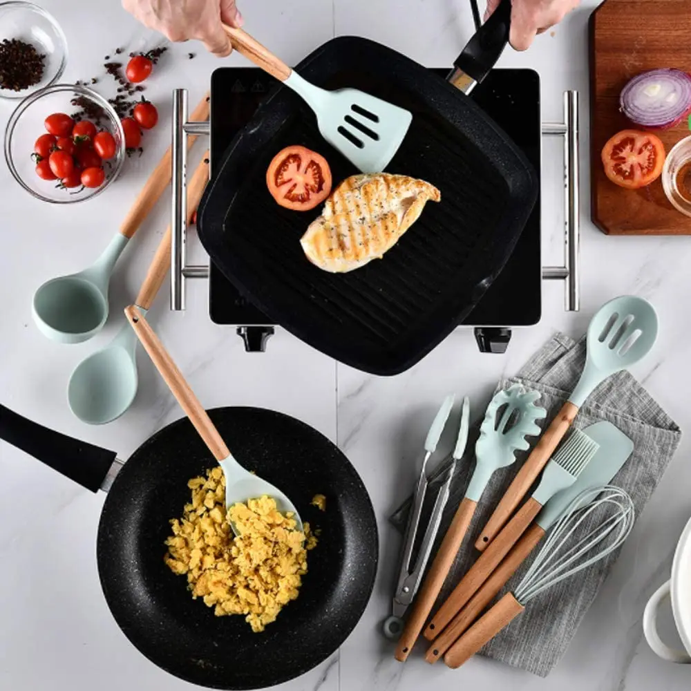 Non Toxic 12 pcs Cooking Tools Kitchenware Cocina Spatula Silicone Kitchen Utensils Set With Wooden Handles