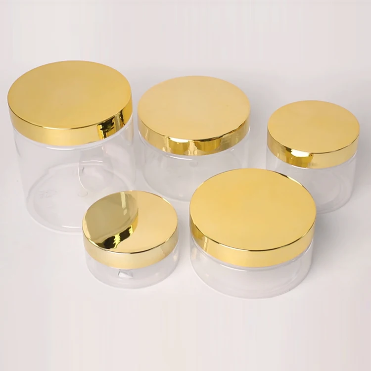 Luxury 250ml 300ml 500gl Plastic PET Sustainable Cosmetic Skin Care Skincare Face Body Cream Jar Container With Gold Lid