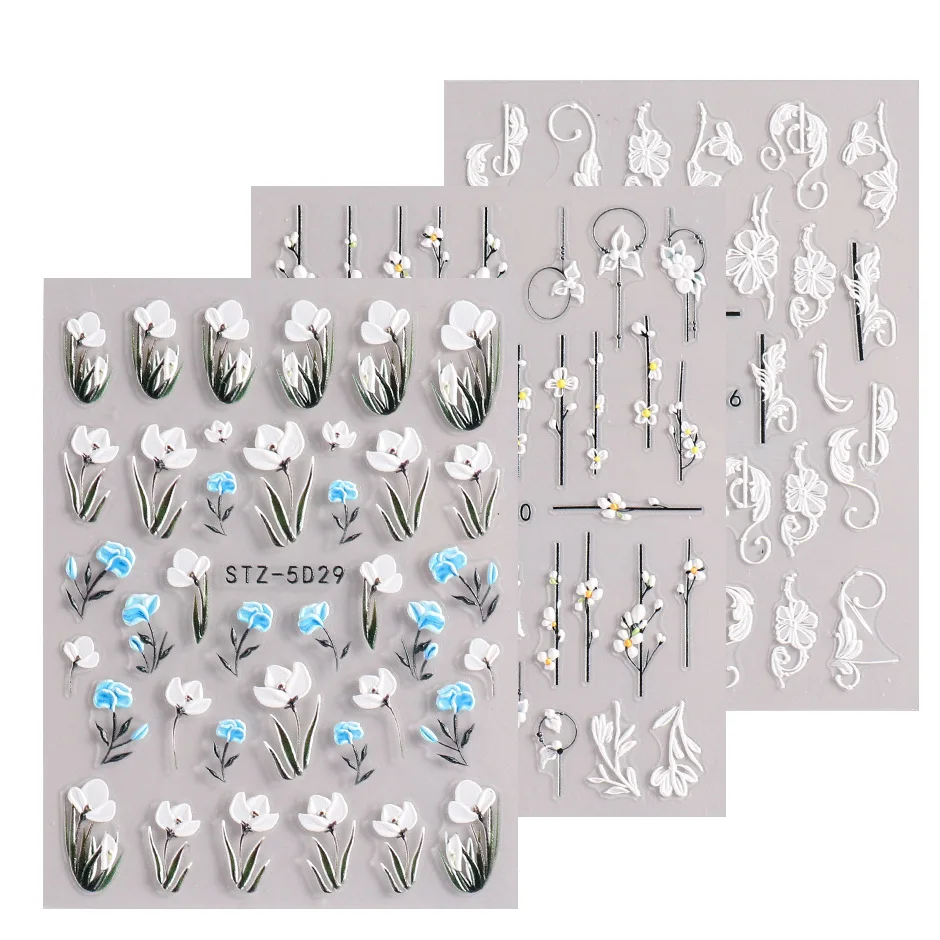 2024 New Lace Flower Nail Gel Stickers Design Nail Art Embossed Three-Dimensional Adhesive Decals 5D Five-Petal Nail Decorations