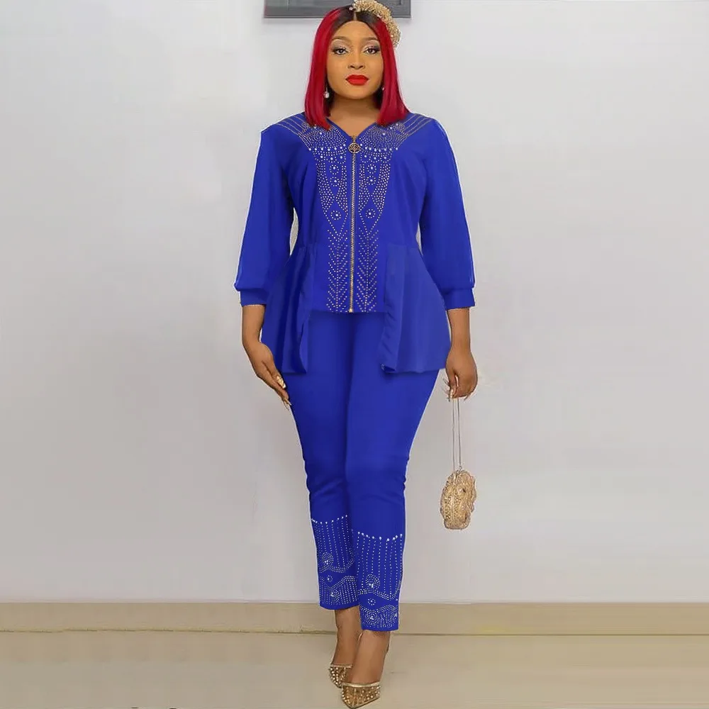 2023 Luxury Two Pieces Clothes Set African Women Shirt And Pants Sets With Rhinestone Top And Down Suits K0245
