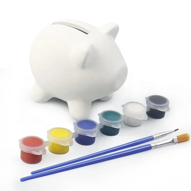 Factory wholesale ceramic piggy bank animal saving bank with color paints  DIY gifts item with paint set