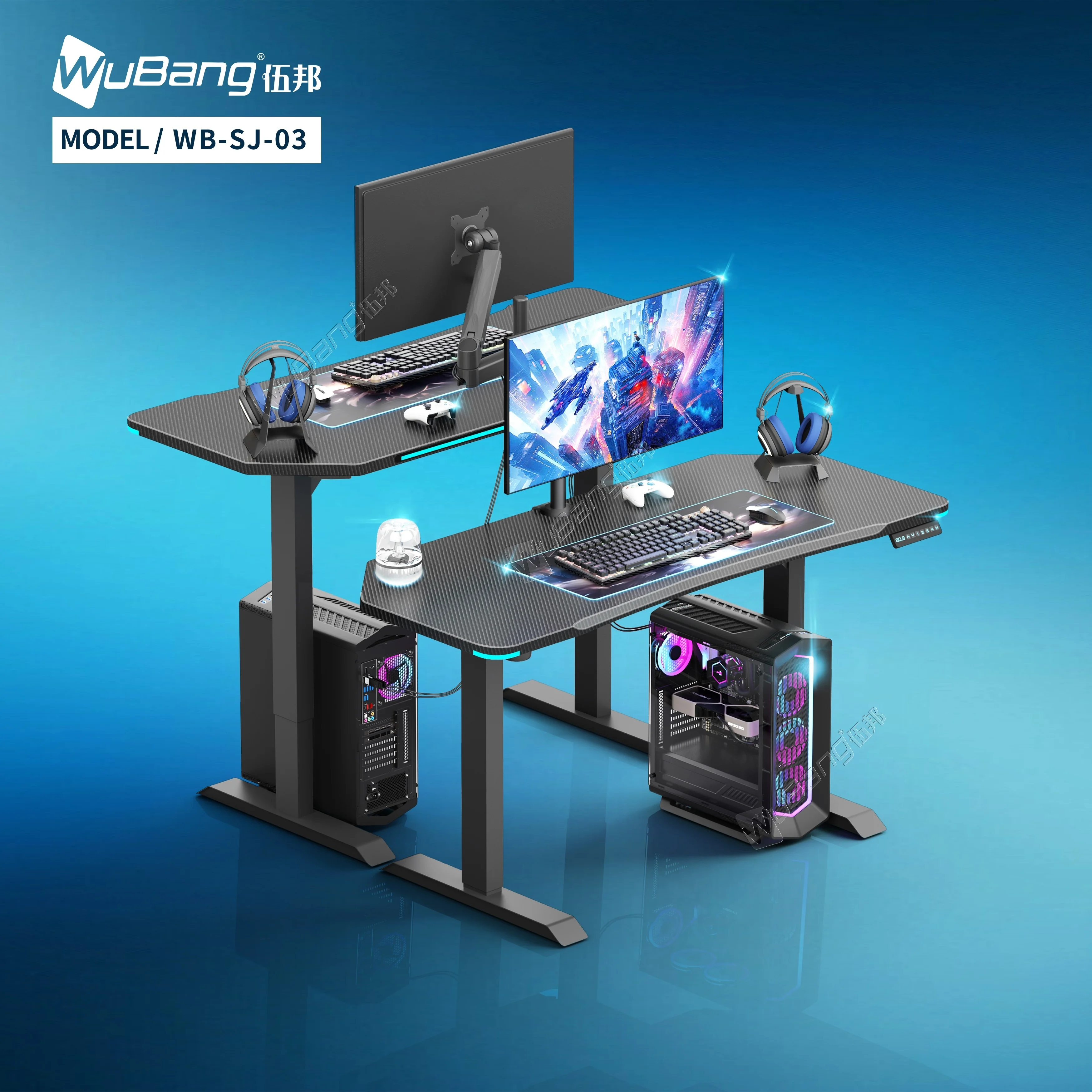 Led Lights Anti-Scratch MDF Tabletop Electric Standing Desk Adjustable Computer Table Gaming Single Motor Computer Gaming Desk
