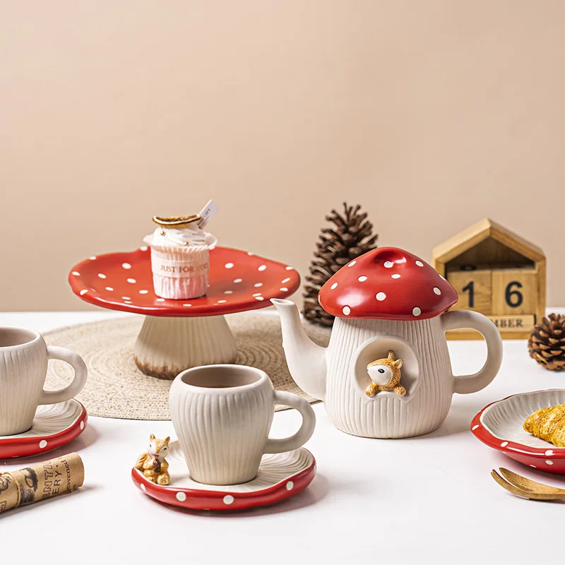 ZC Cute Girl Heart Ceramic Household Red Mushroom cutlery Floral Tea Set Teapot Kettle Dessert Plate Cup Saucer Plate