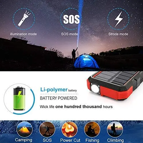 25000mAh PD QC18W Solar Power Bank Portable Charger 7.5W/10W Qi Wireless Charger 4 Output 2 Input Huge Capacity with Flashlight