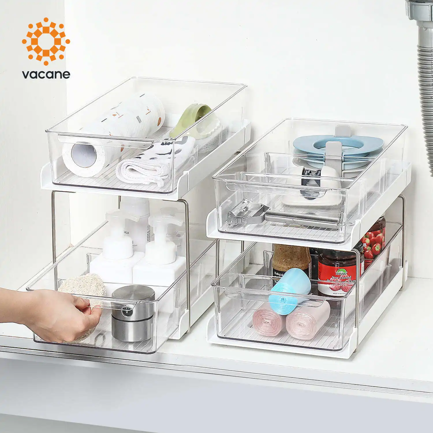 Vacane Fashion Design Utility Shelf Collapsible Rack 2 Layers White Kitchen Bathroom Plastic Under Sink Cabinet Organizer