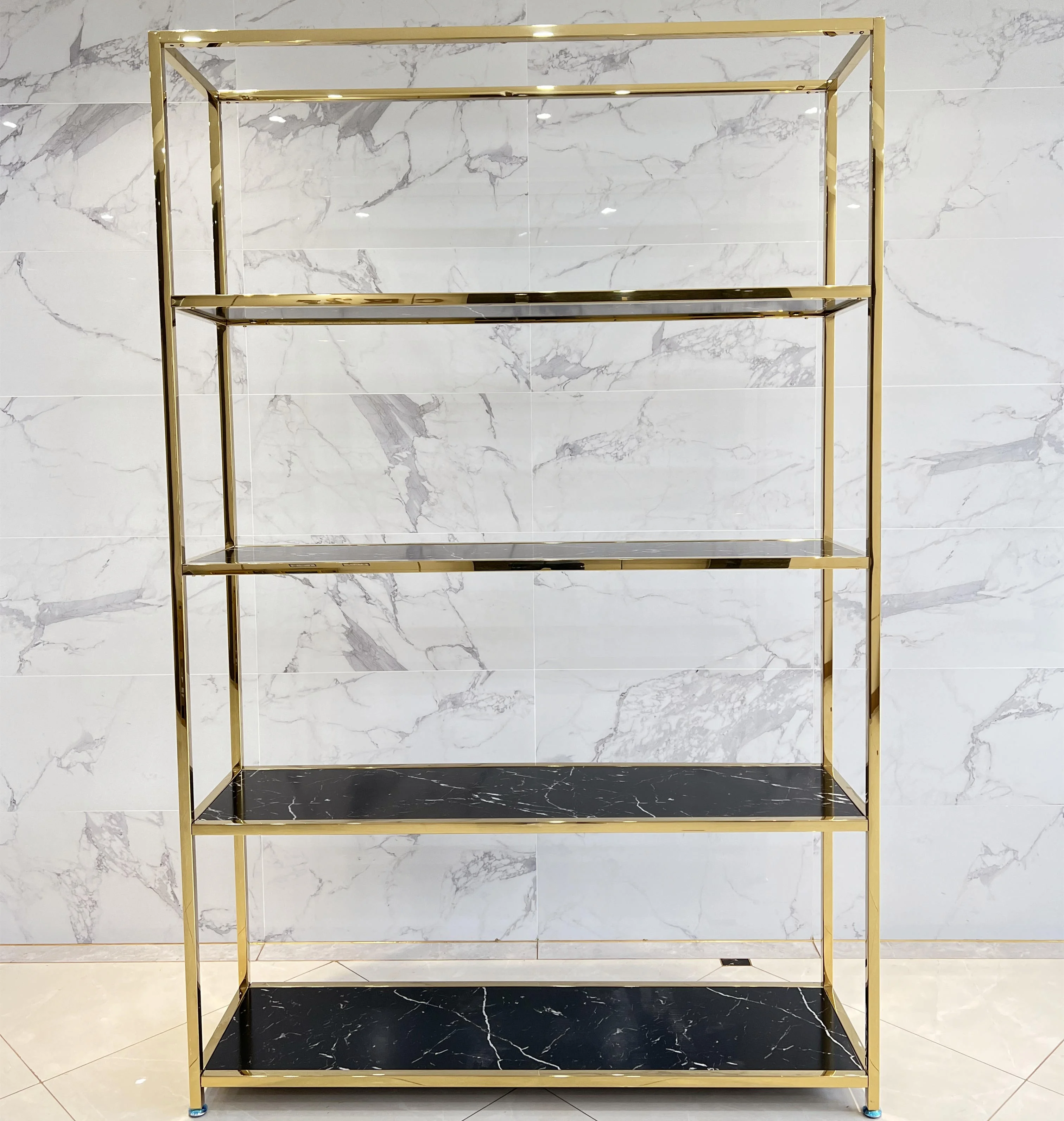 Large 4-Layer Stainless Steel Gold Marbling tiered space saving cloth lingerie shoe showroom display rack for handbags retail