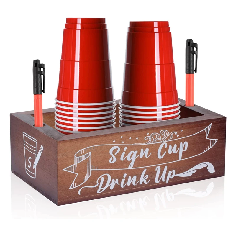 double cup holder with marker slot wooden cup organizer storage holder party dispenser cup Mark drink up for bar bathroom