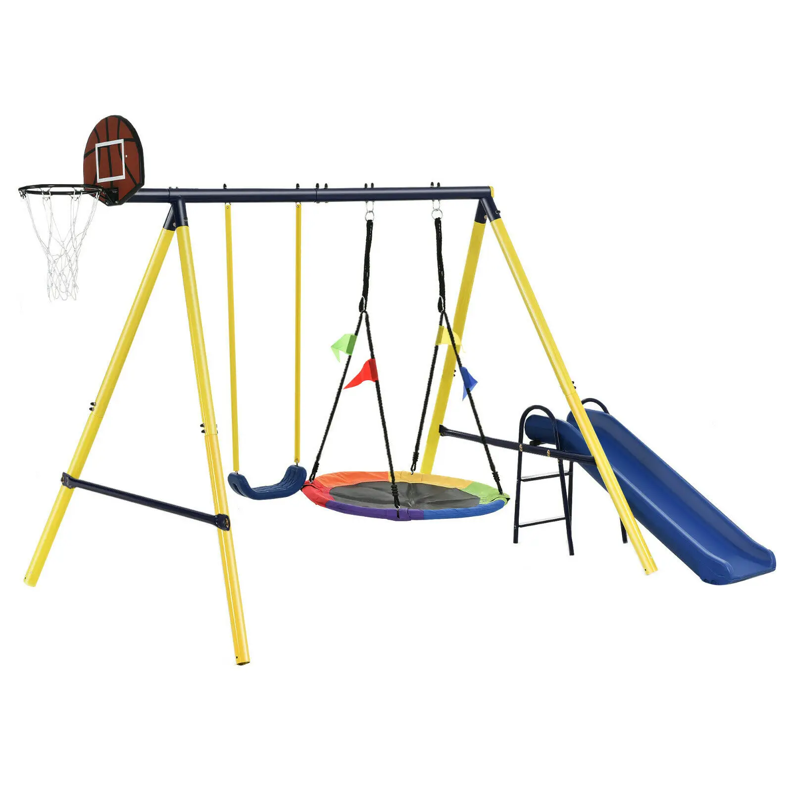 Swing Set Play Frame Metal Garden Backyard Backboard Rope Ladder Slider Outdoor Toy