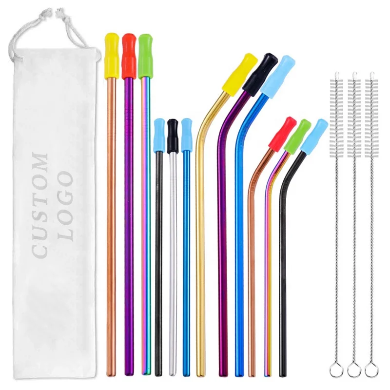 Amazon hot selling 304 stainless steel straws creative colorful titanium-plated metal drink straws cocktail milk tea straws