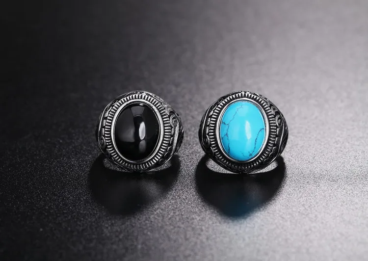 Energinox Fashion finger Blue turquoise gemstone wedding stainless steel  couple rings jewelry