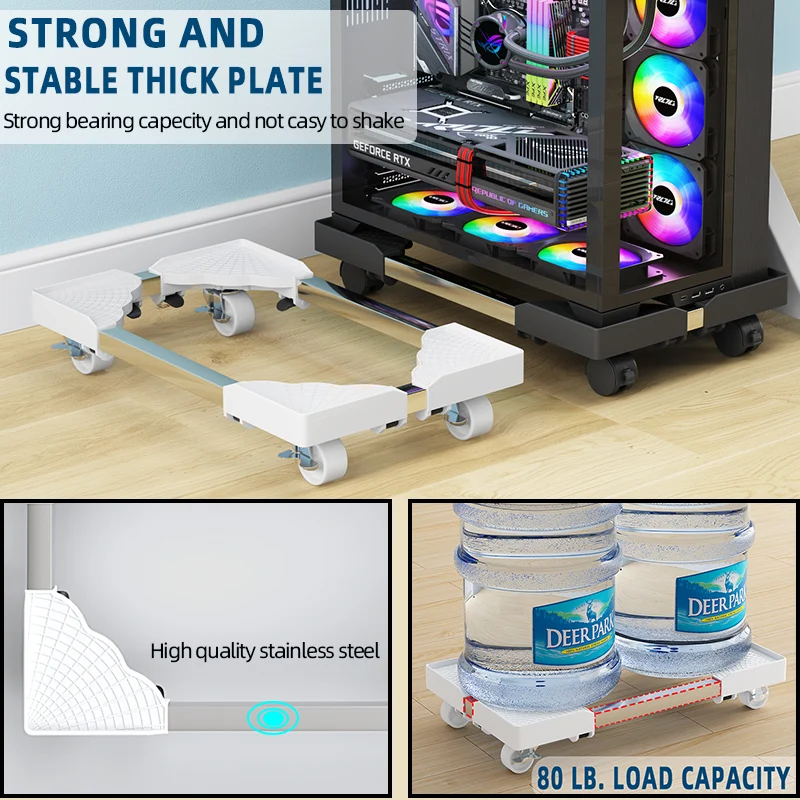 Adjustable Single-Tier Mobile Computer Stand Rolling Caster Wheels Essential Office Accessory CPU Holder Most PC Desks Plastic