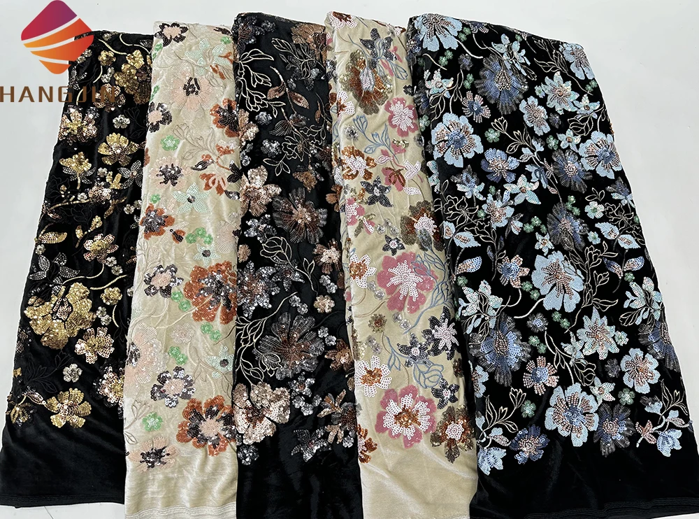 High Quality Embroidered Lace African Black Velvet Lace Fabric With Sequins Luxury Nigerian Velvet Lace For Party Dresses