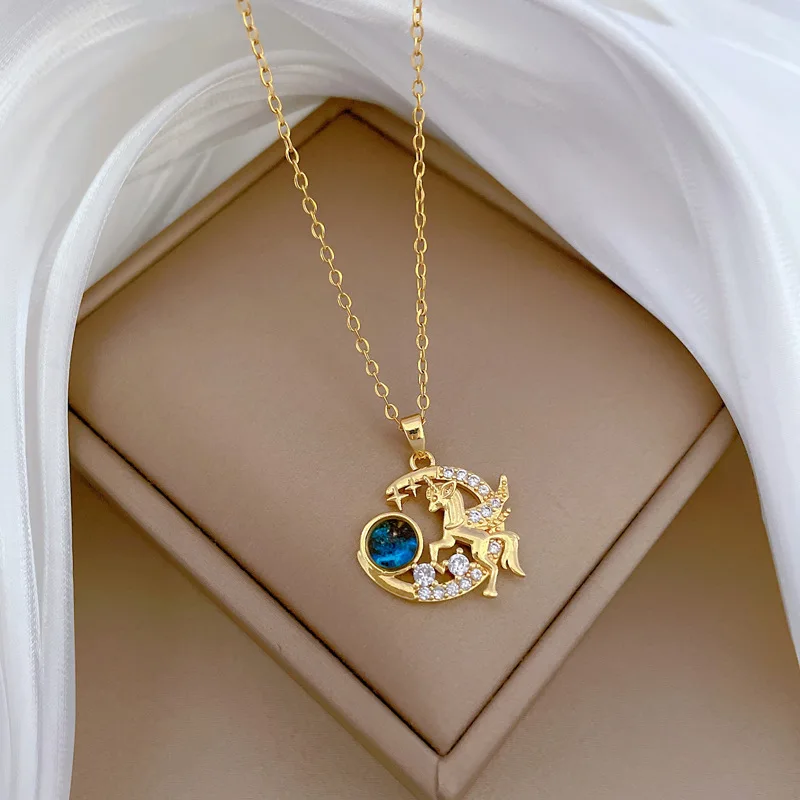 Trendy Luxury Gold Plated Stainless Steel Chain Horse Moon Planet Pendant Necklace for Women Girls Titanium Steel Jewelry