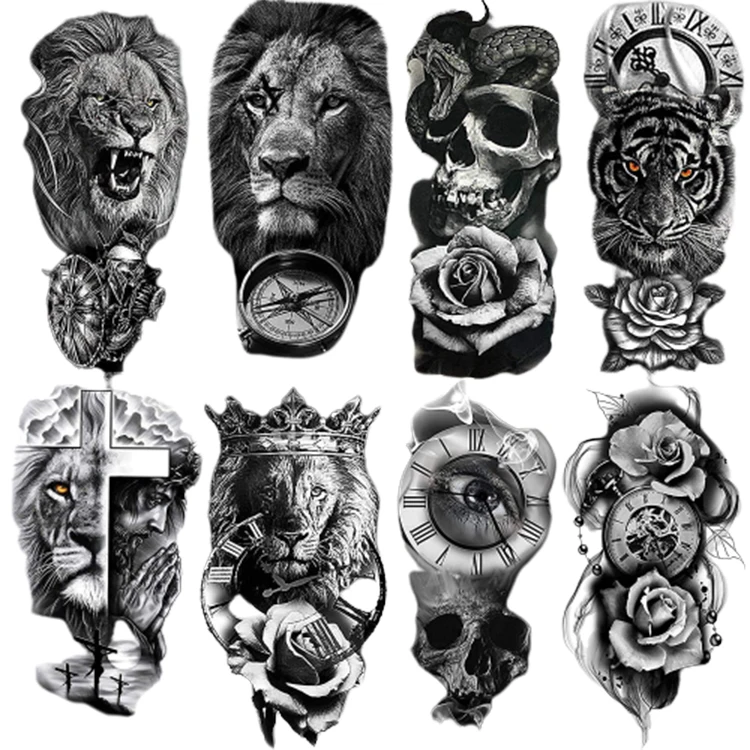 Halloween Skull Lion Tattoo Sticker 3D Rose Animal Temporary Waterproof Tattoo Sticker