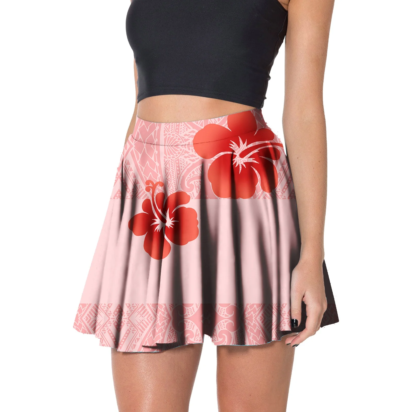Wholesale Cheap Fall New Fashion MIni Skirt Stretch Club Street Wear Hawaiian Floral Pink Pleated Samoan Ladies Dress