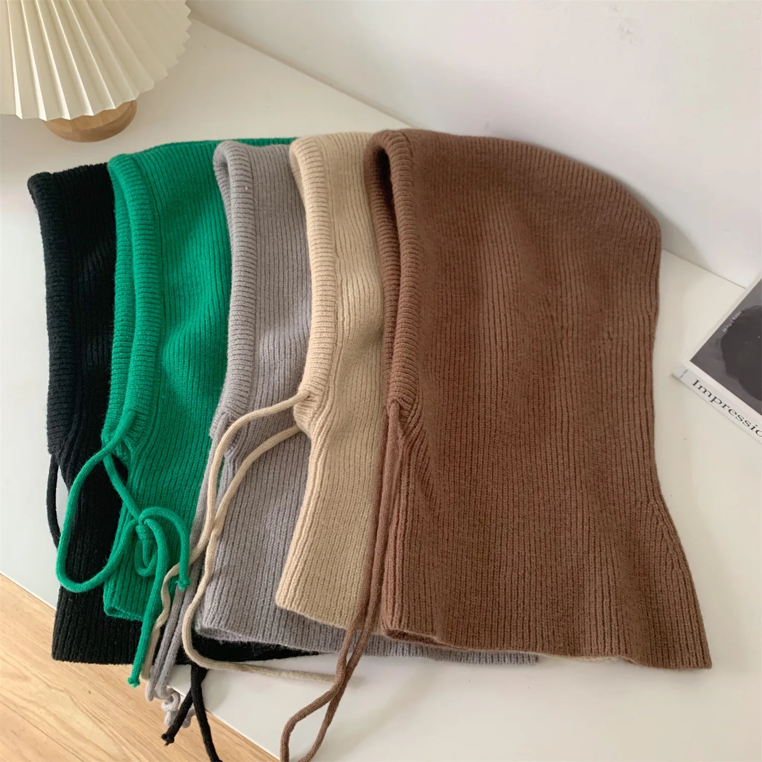 Acrylic Plain Solid Color Crochet Hooded Scarf Mask Balaclava Hat Winter Knitted Balaclava