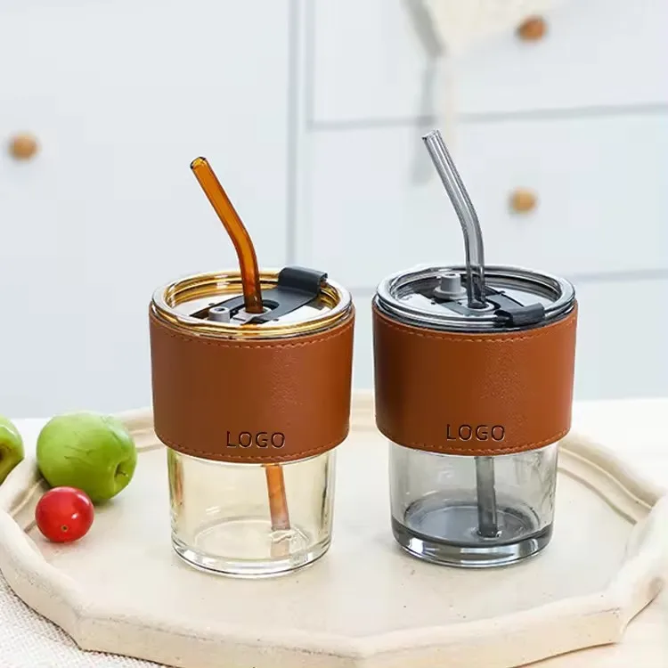 High Grade Glassware Iced Coffee Cup with Leather lid And Straw