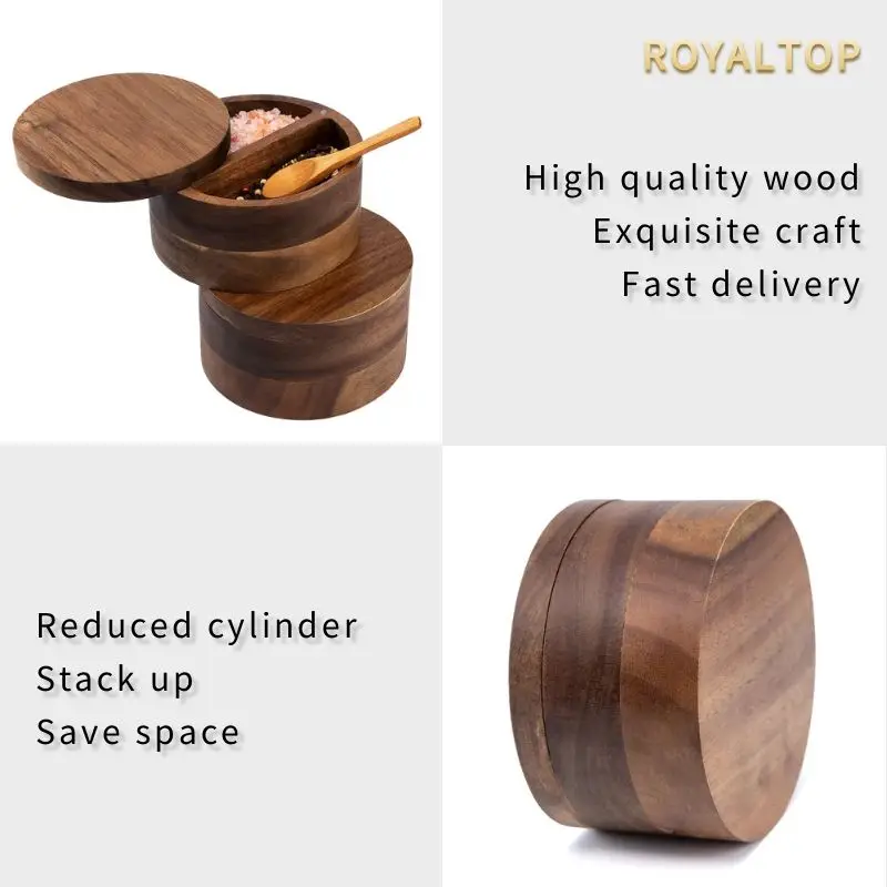 Kitchen Gift Set Wooden Spice Jar Eco-Friendly Salt Cellar 2 Compartment Acacia Wood Spice Box with Magnetic Swivel Lid
