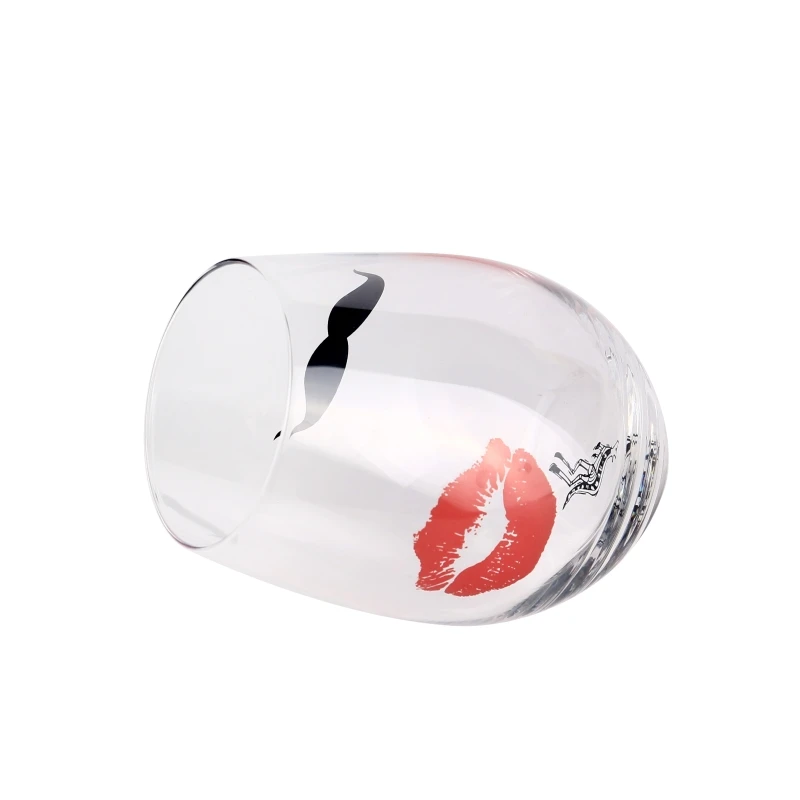Machine Blown Stemless Egg Shape Clear Glass Cup Soft Drinks Glass With Moustache And Lipstick Pattern Decal Printing