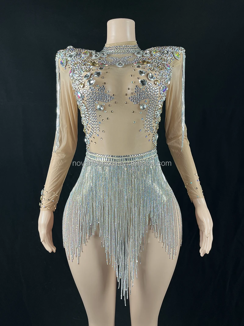 Manufacturer Womens Apparel Sexy See Through Tassel Rhinestone Bodysuits Dress Jewerled Bling Jumpsuit Traje Danza Del Vientre