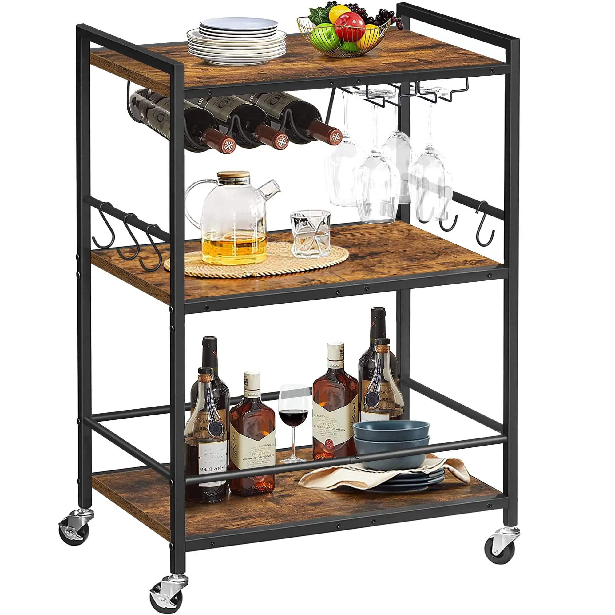 Industrial 3 Tier Utility Service Cart Fruit Storage Baskets Rack Trolley Rolling Storage Carts