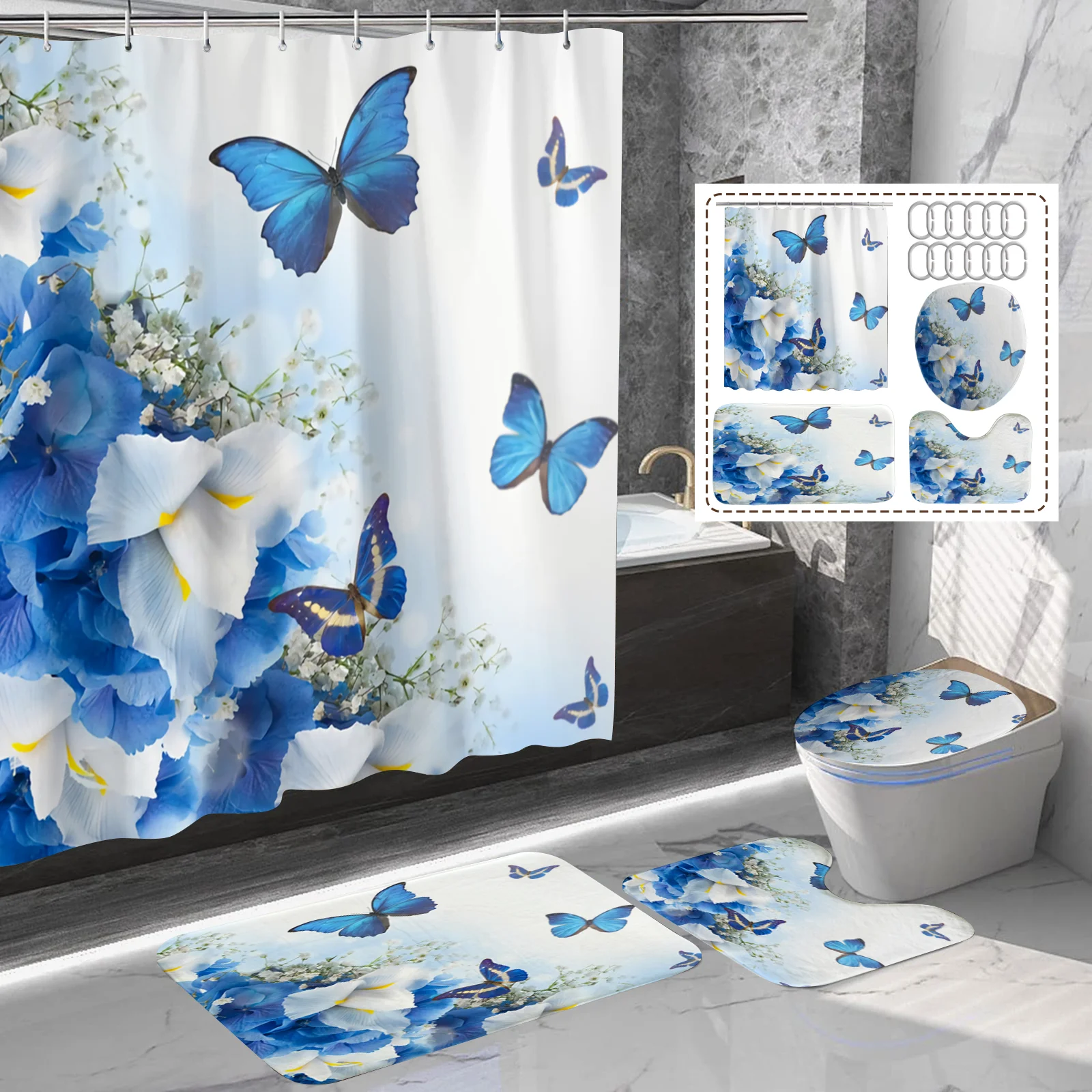 Vintage Butterfly Printed Toilet Shower Curtain Set Durable