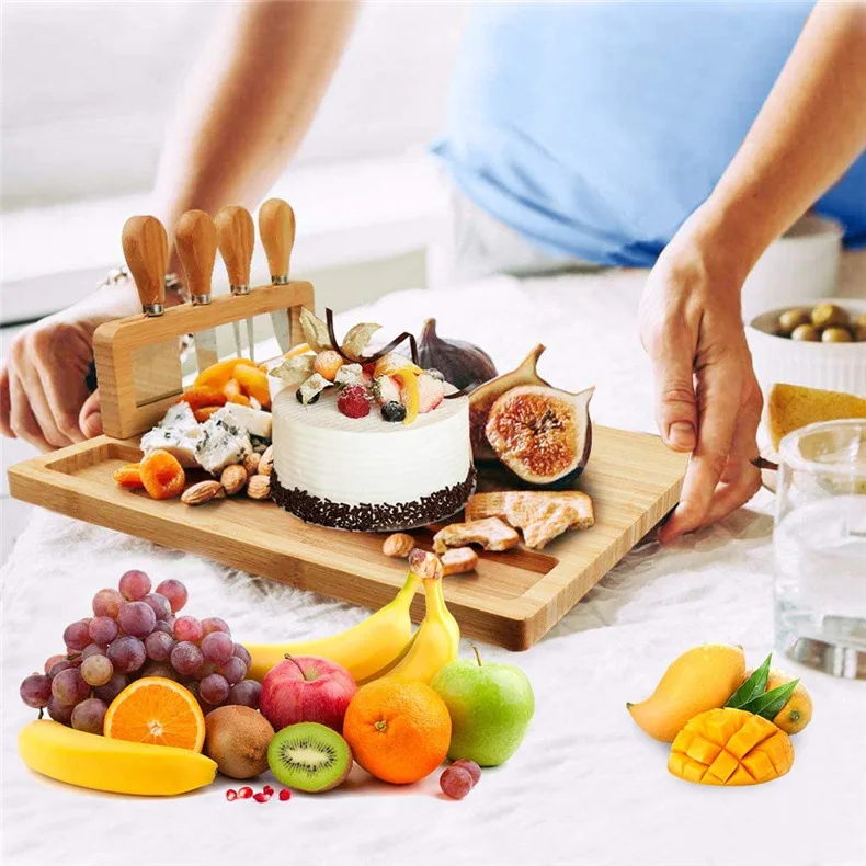 Kitchen Meat Charcuterie Platter Serving Tray wood bamboo cheese board with knife set with 4 stainless steel