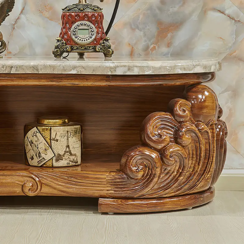 European-style wood coffee table TV cabinet natural marble solid wood carved tea table villa luxury furniture