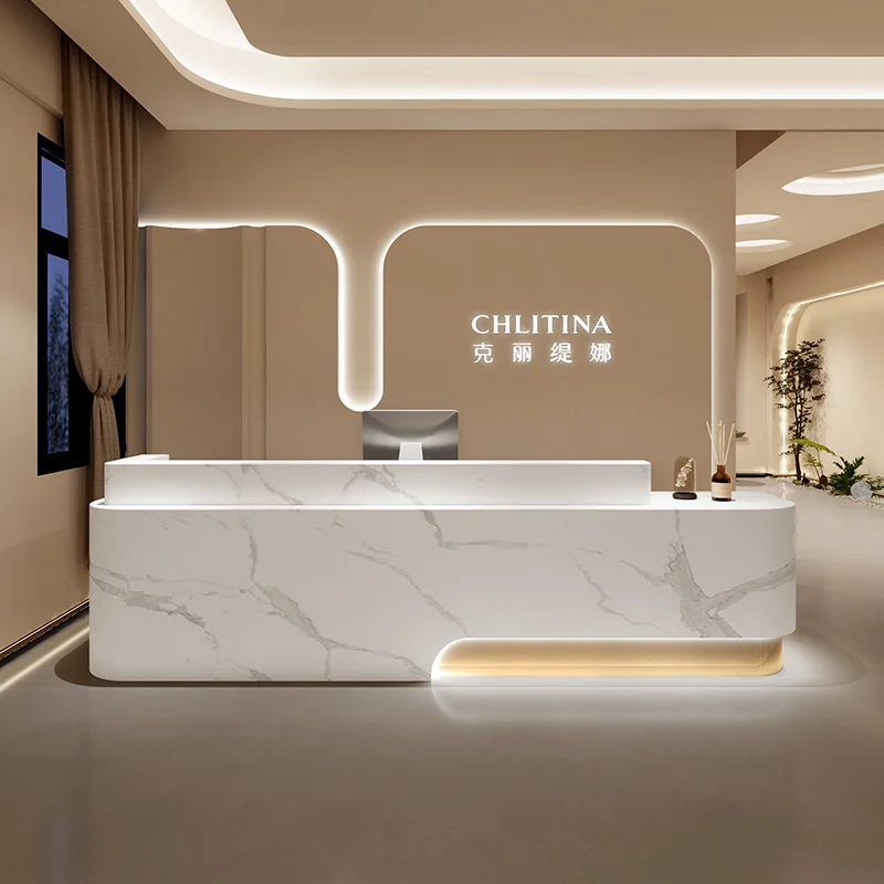 Modern 2024 fashion Spa Salon Counter Hotel Salon Furniture Pink gold  Reception Desk With Led Light