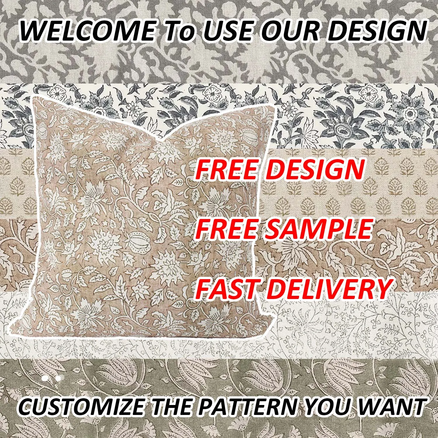 New Design 18x18 20x20 22x22 24x24 Muted Dusty Blue Designer Floral Blue Handblock Pillow Cover Neutral Home Decor