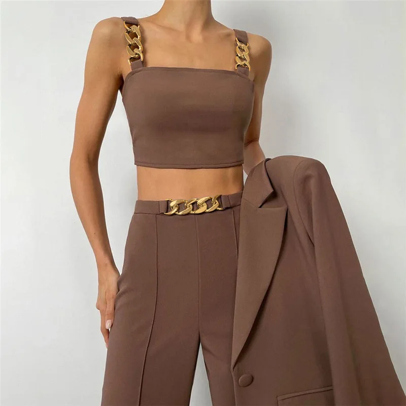 Женский комплект из двух предметов укороченный топ с цепочкой и широкие брюки высокой талией одежды для осени зимы