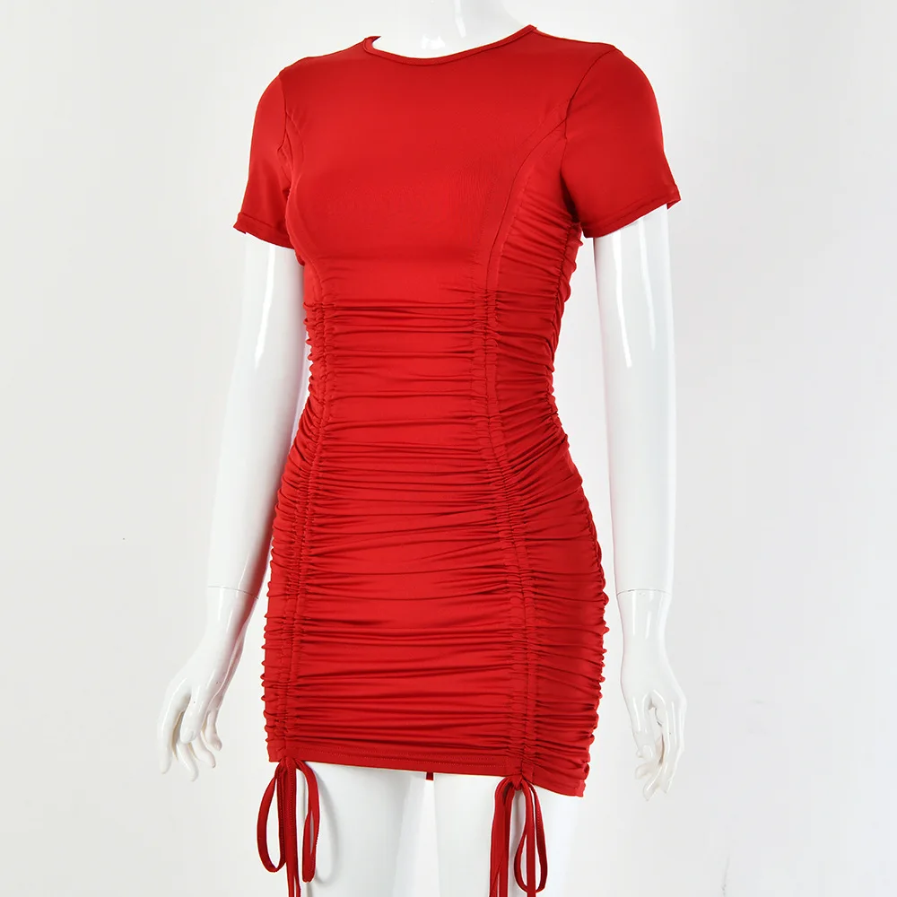 Wholesale Solid Color Short Sleeve O-Neck Ruched Drawstring Slim bodycon dress club