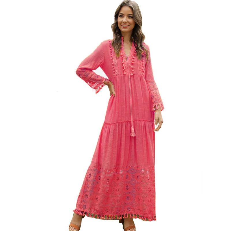 Cotton Long Dress Long Maxi Elegant Casual Bohemian Style Lace Tassel Stitching Beach Dress