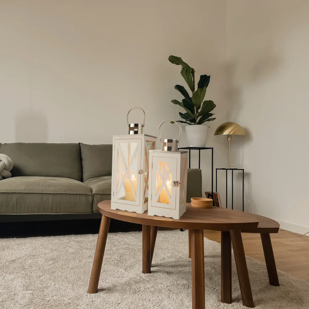 Набор из 2 белых квадратных деревянных стеклянных свечных фонарей с ручкой из нержавеющей стали для внутреннего наружного украшения