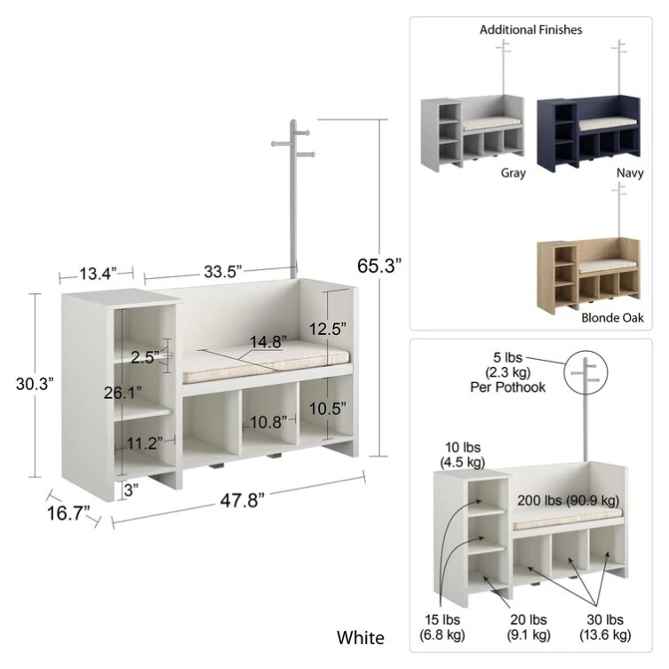 24 Years Factory Direct White Wooden Children Kid Toy Storage Bench and Coat Rack with Soft Cushion