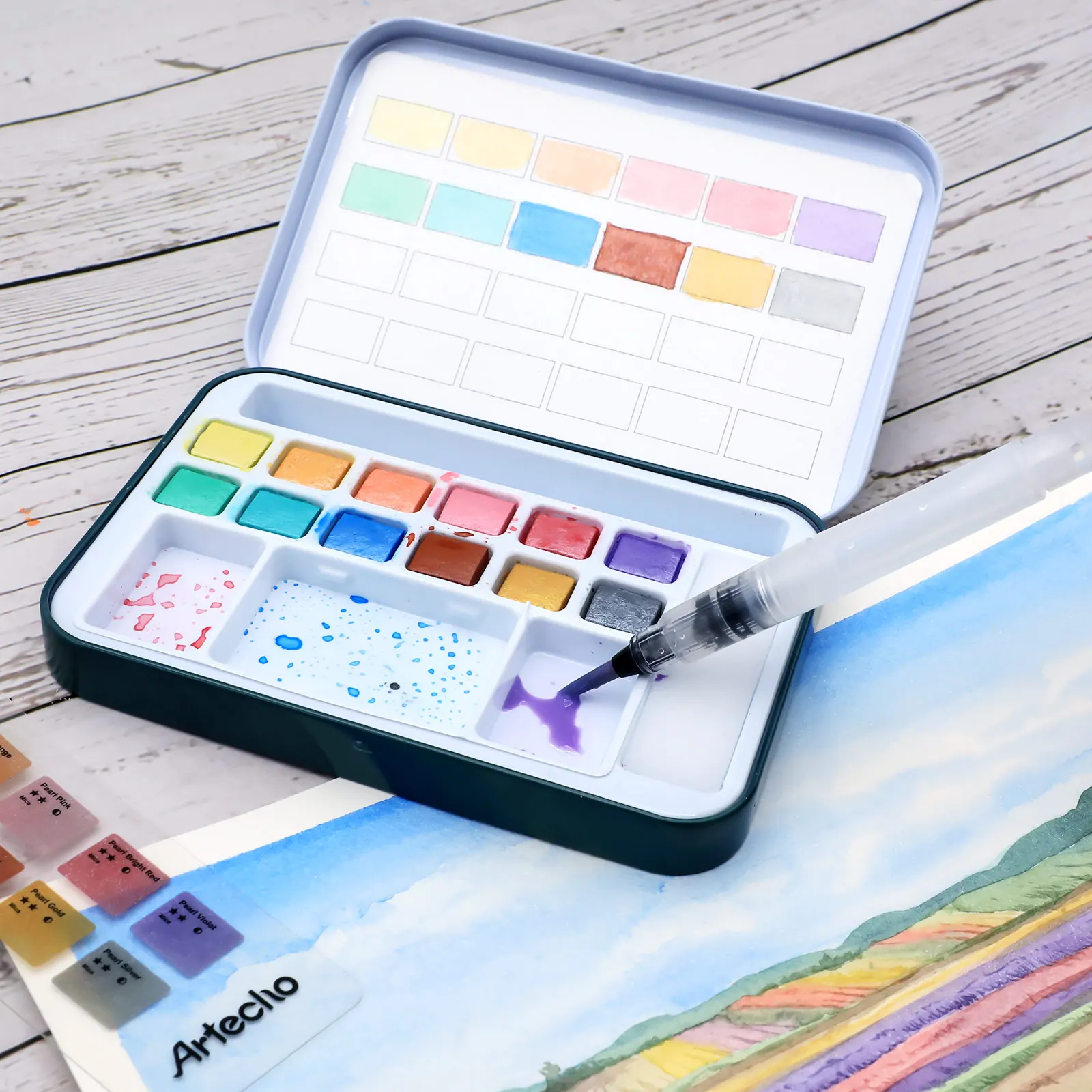 Artecho Watercolour Paint Set with 12 Metallic Colors, Including Water Brush Pen, Sponge and blank color chart in watercolor