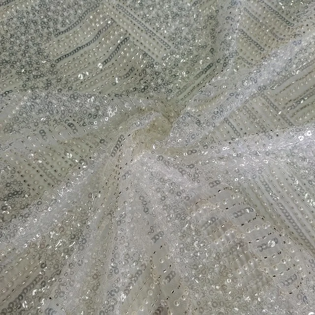 Fashion Embroidery fabric Korea Tulle Net Lace With Machine Beaded Nigerian Lace Fabric for dress