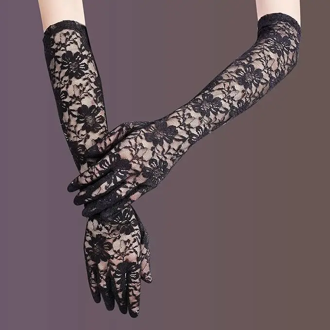 Fashion Lace Long Gloves Female Elegant Stretch Tulle Mesh Semi Sheer Women Full Finger Mittens Bride Wedding Black Gloves