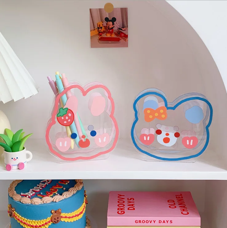 Creative cartoon soft cute bear rabbit multifunctional office stationery cosmetics student desktop acrylic pen organizer