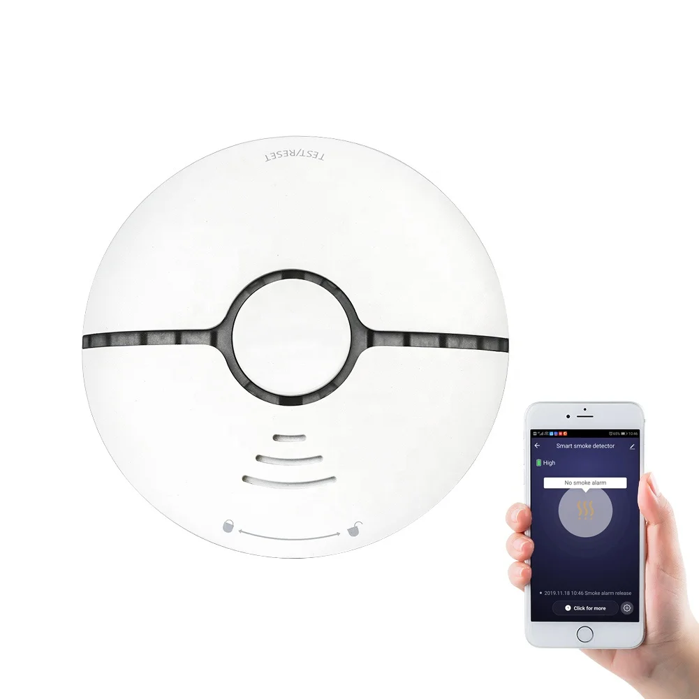 Battery Powered Long Life Wireless Tuya Wifi Interlinked Smart Plastic Cover Fire Alarm Sensor System Smoke Alarm Detector