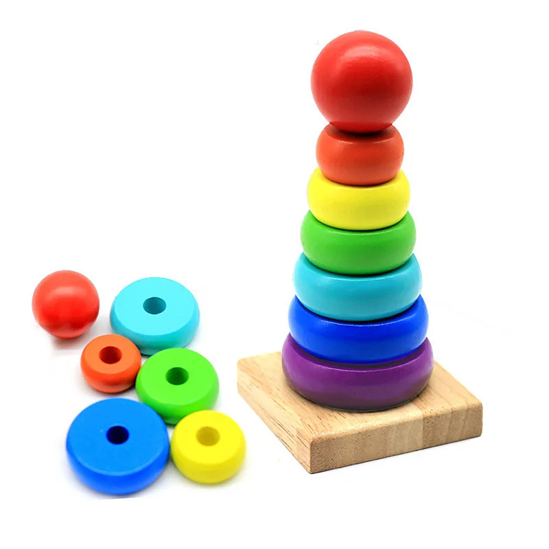 Color Cognition Montessori Rainbow Tower Wooden Stacking Rings Building Block Brain Developmental Toy
