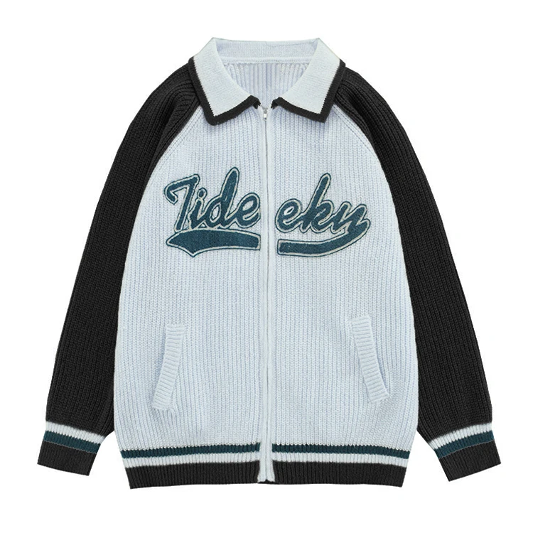 2024 causal polo zipper cardigan sweater stripes embroidery cable knit sweater long sleeve winter  breathable knitted sweater